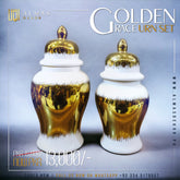 Gold and White Ceramic Urn Set