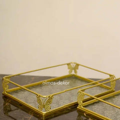 Gold Metal Tray with Butterfly Accents