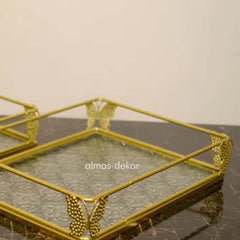 Gold Metal Tray with Butterfly Accents