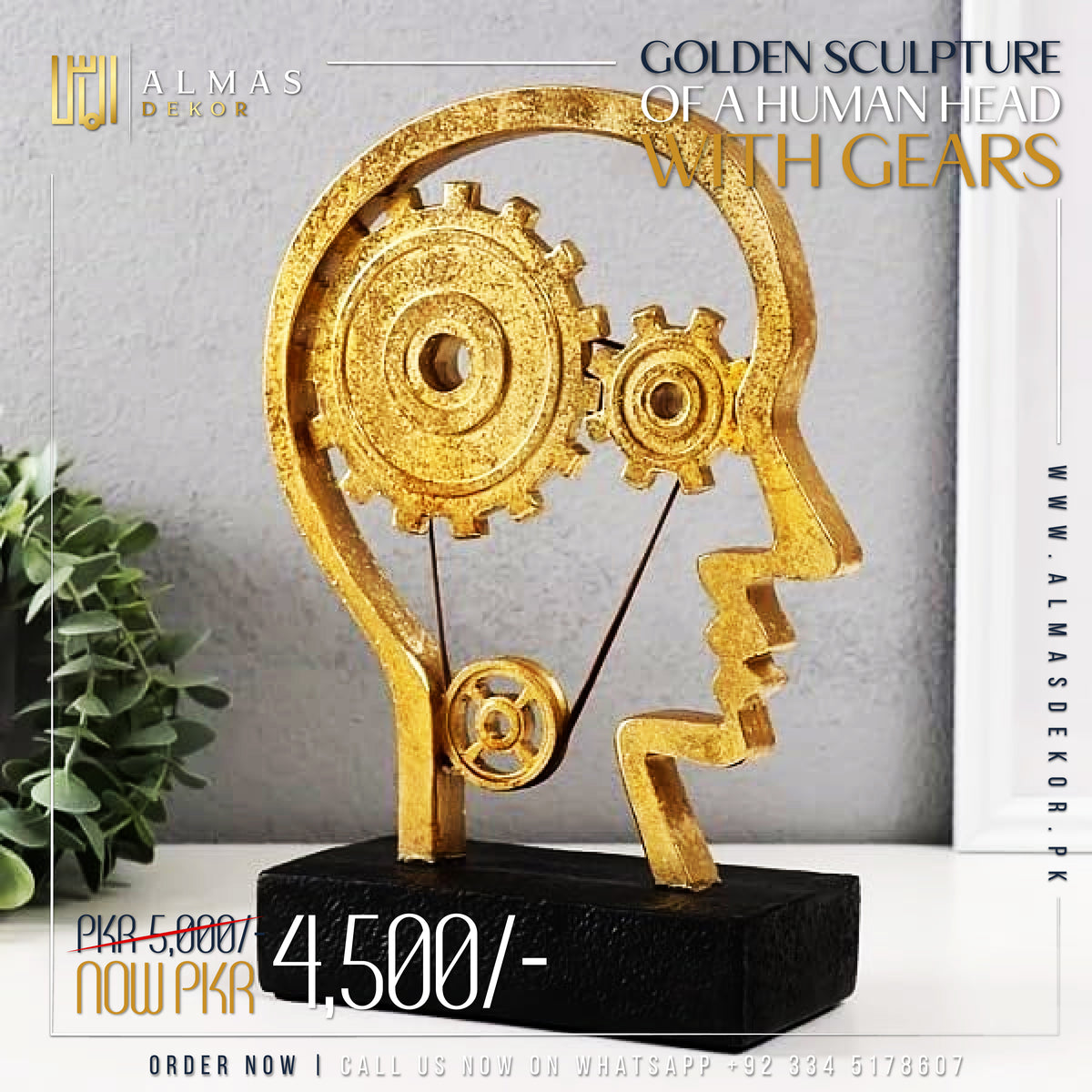 golden sculpture of a human head with gears