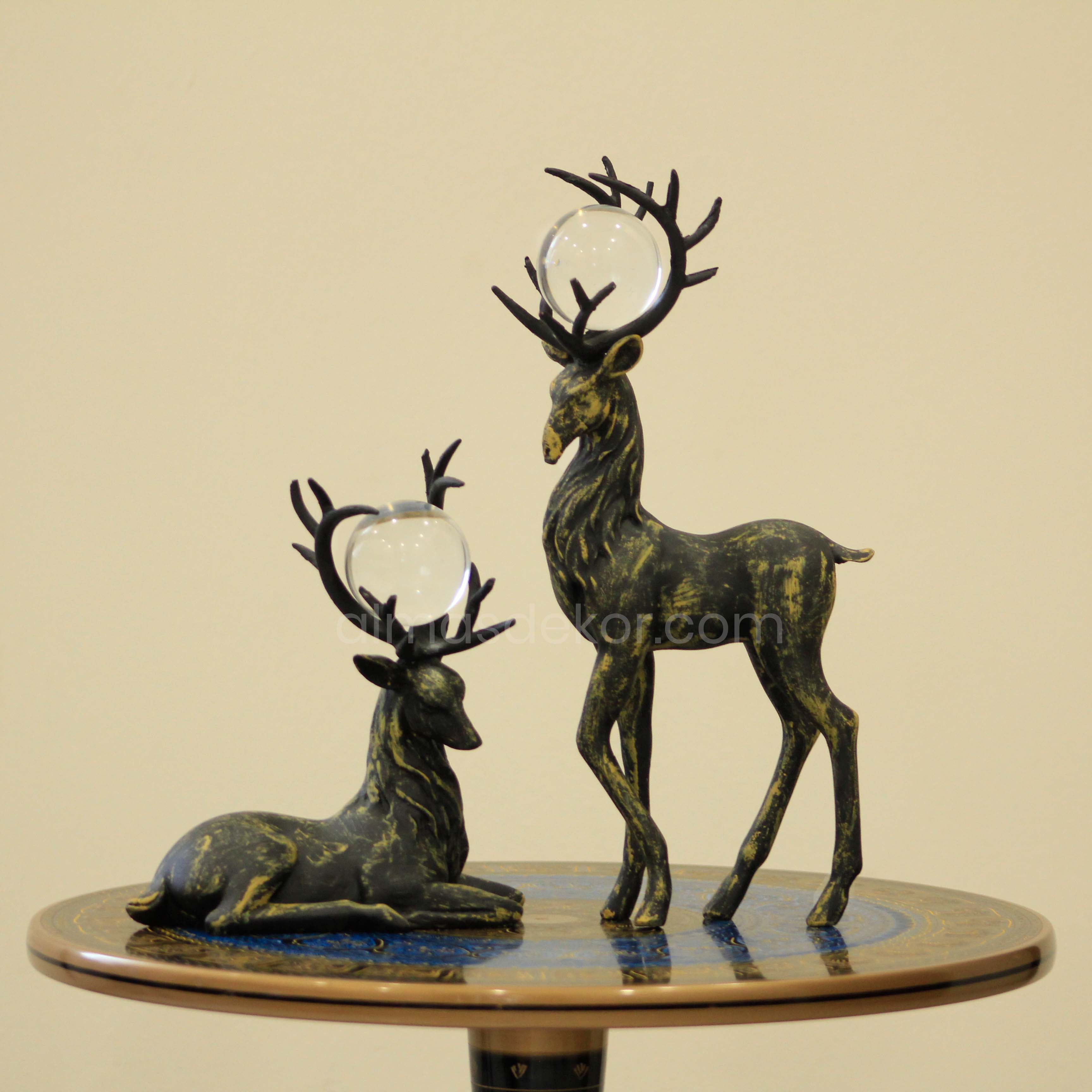 Black Deer Sculptures Duo with Gold Accents