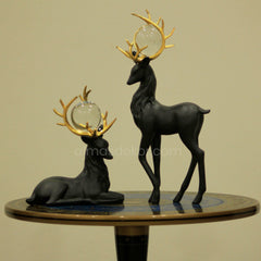 Black Deer Sculptures Duo with Gold Accents