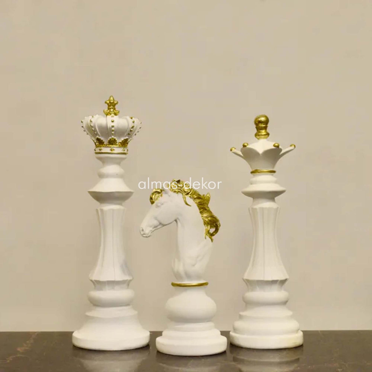 3pc  white & golden Chess Statue Ornaments King Queen Knight Sculpture