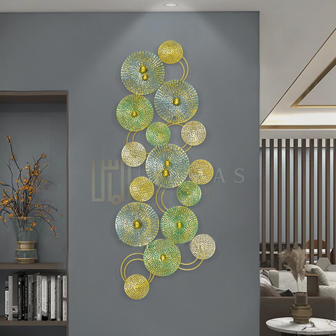 Circular Metal Wall Art with Gold and Green Accents