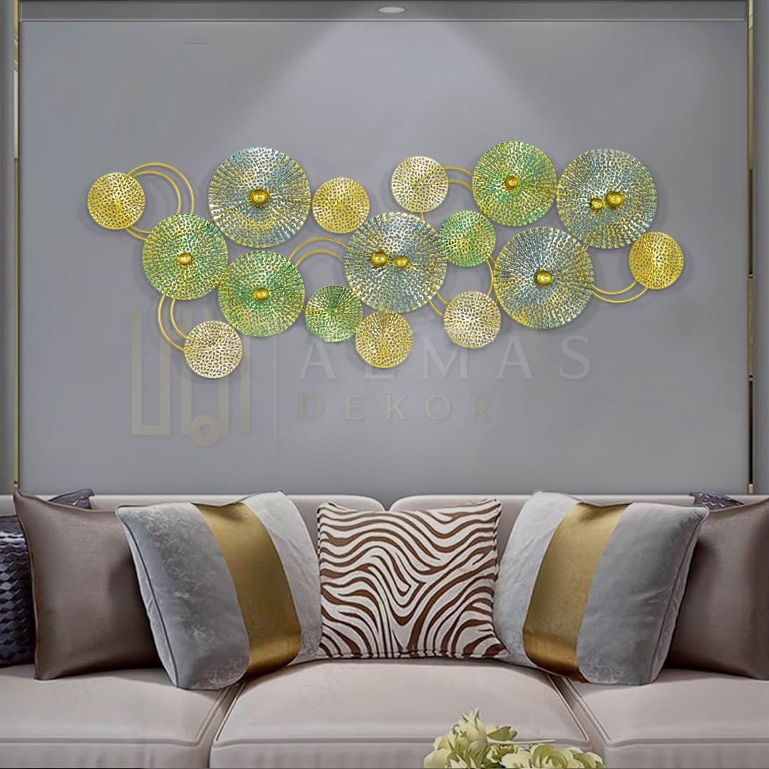 Circular Metal Wall Art with Gold and Green Accents